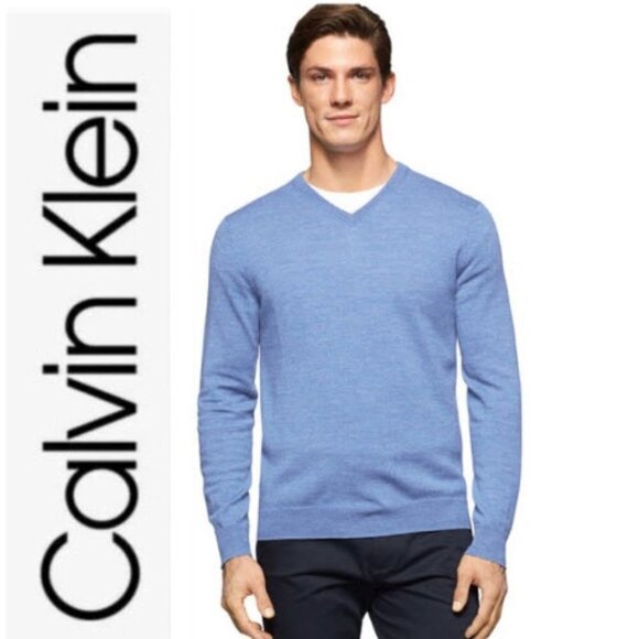 CALVIN Klein Blue V Neck Merino Wool Sweaters XXL - Picture 1 of 15